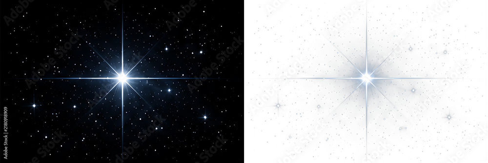 Fototapeta premium 中央に輝く大きな一等星と光のフレア。透明背景のまばゆい星のPNG素材