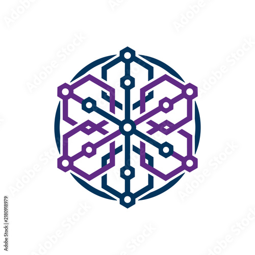 Geometric Network Snowflake Logo Design With Circuit Board Elements