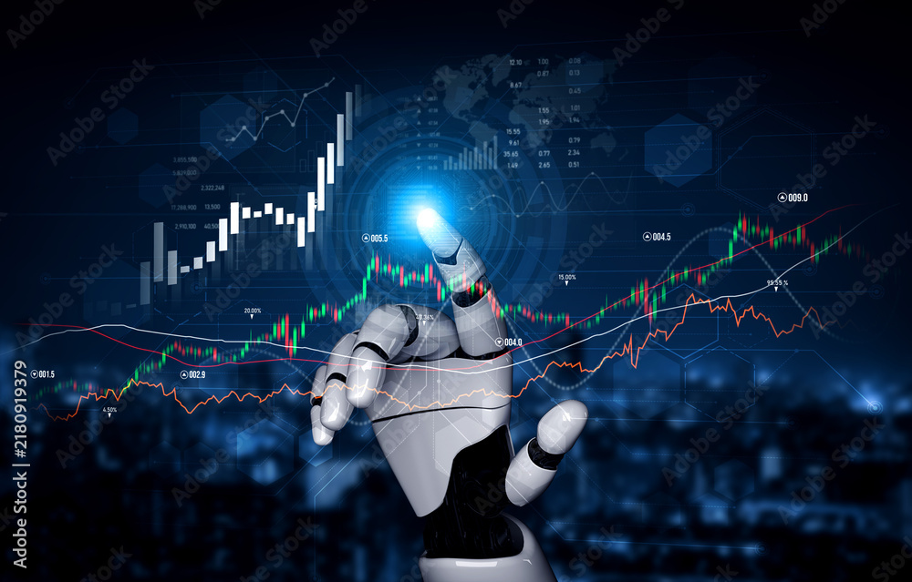 Obraz premium A robotic hand reaches toward glowing data graphs, illustrating the synergy of technology and finance in stock market analysis, showcasing digital growth and innovation. Scalp
