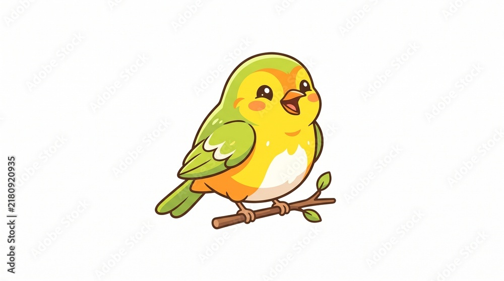Fototapeta premium Cute cartoon bird sitting on a branch with green leaves