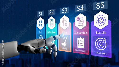 фотографія Conceptual Digital Visual of Robotic Hand Interacting with Five-Step Lean Management System Illustrating Sort, Set in Order, Shine, Standardize, Sustain