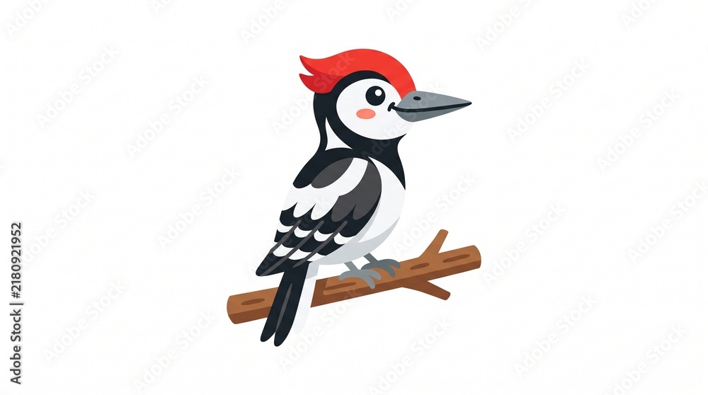 Fototapeta premium Cute cartoon woodpecker with red crest sitting on a branch