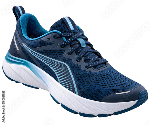 Modern athletic running sneaker at a dynamic angle isolated on a transparent background, sharp texture detail, ideal for e-commerce and design content.