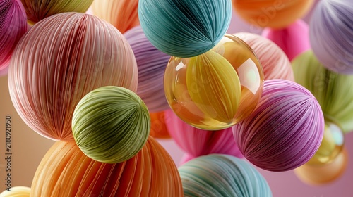 Vibrant colorful spheres with pleated textures float in soft pastel light, creating a playful abstract composition with glossy and matte surfaces.