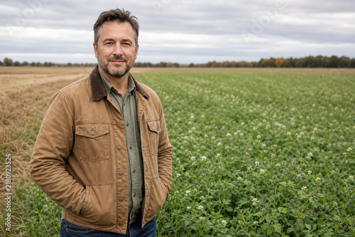 Male farmer standing in regenerative field, smiling, representing sustainable agriculture and soil health
