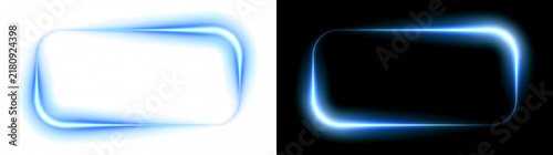 Glowing neon rounded rectangle frame with blue light border effect overlay isolated on transparent background