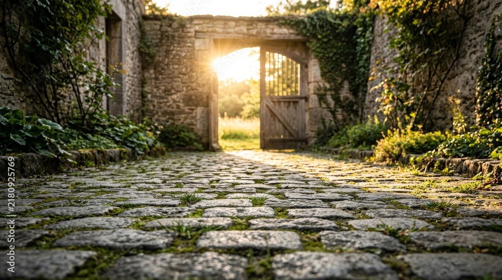 Obraz premium Ancient stone walls line a narrow cobblestone path leading toward a sunlit open gate.