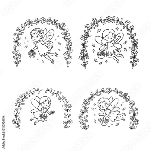 Floral ornament featuring four whimsical fairies carrying baskets presented as a black and white vector illustration