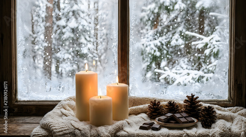 Cozy winter window scene with glowing candles and pinecones holidays christmas