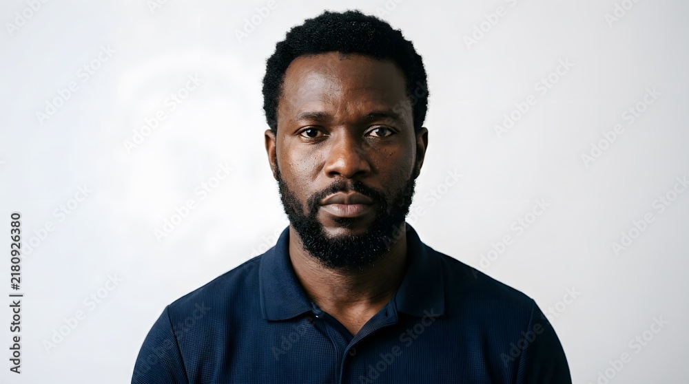Fototapeta premium Portrait of a serious Black man with a beard against a white background.