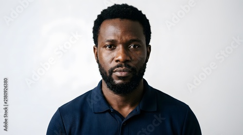 Portrait of a serious Black man with a beard against a white background.