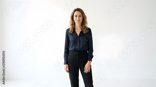 Professional Woman Standing Confidently in a Studio Setting.