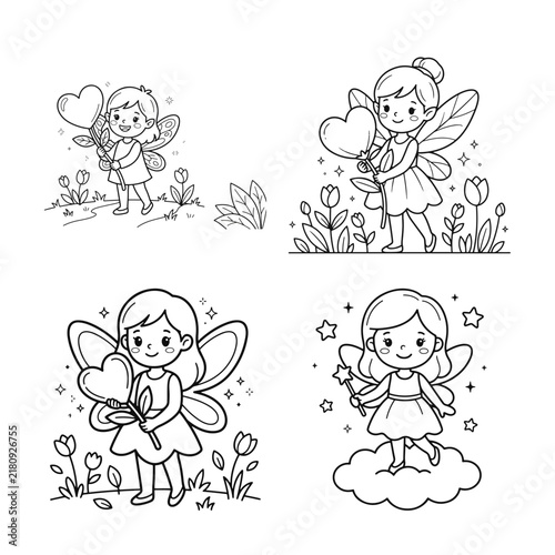 Four whimsical fairy illustrations showcase delicate line art and a white background setting lineart line art illustration