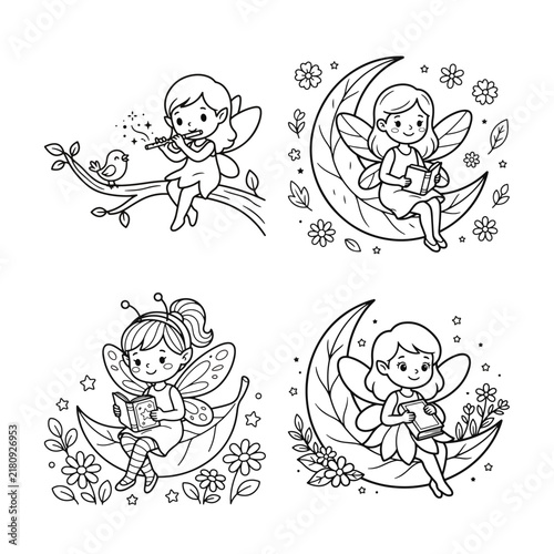 Four whimsical fairies with wings and books are depicted in a black and white vector illustration