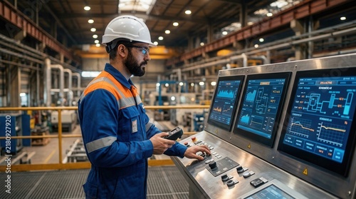 Man wearing a safety vest and hard hat monitors multiple screens on a control panel inside a large industrial building.