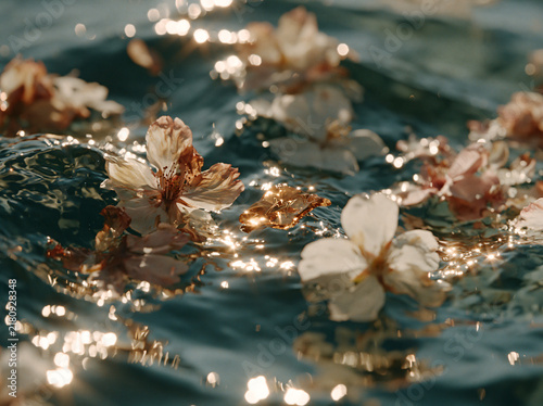 Delicate pale flower petals drift and splash across sun‑glistened blue ocean water, soft golden light sparkles over gentle ripples under a pale clear sky.