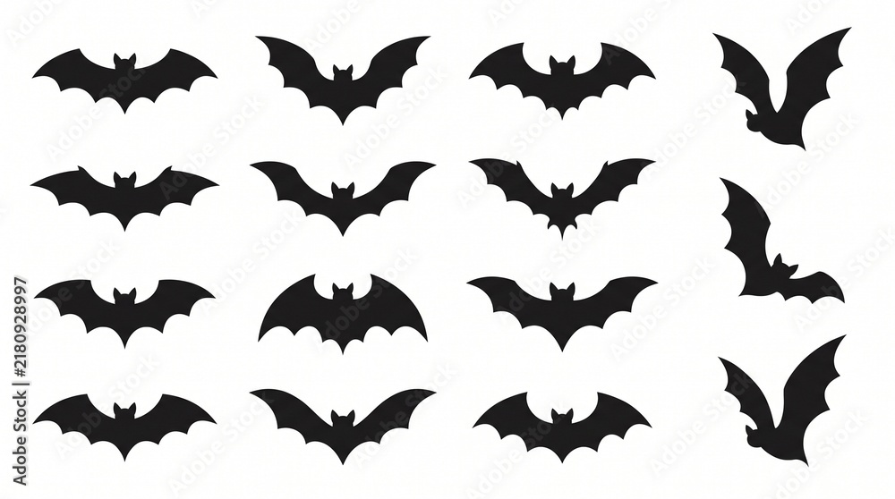 Fototapeta premium Halloween bat silhouettes set, black flying bats collection on white background, spooky animal icons for holiday decor