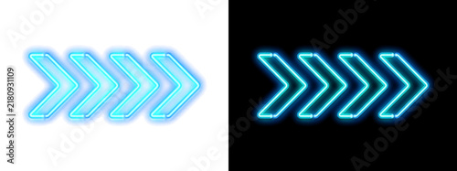 Glowing neon chevron arrows moving forward, blue light trail effect overlay isolated on transparent background