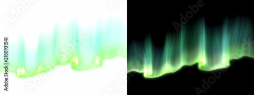 Northern lights aurora borealis curtain with glowing green rays, luminous effect overlay isolated on transparent background