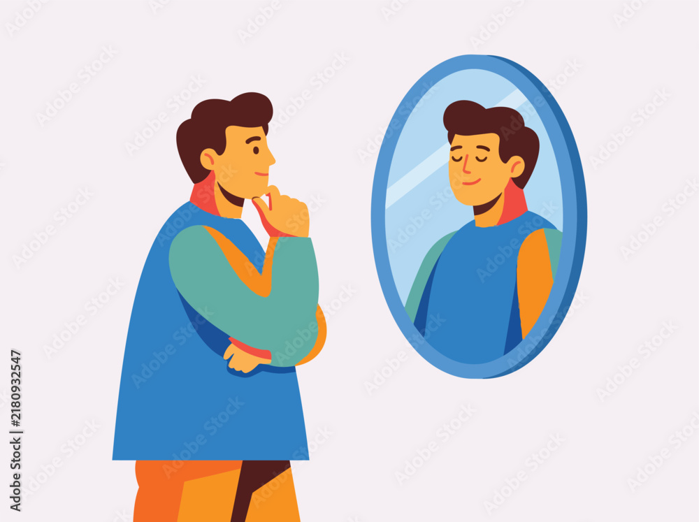 Fototapeta premium Man looking at mirror reflection thoughtfully