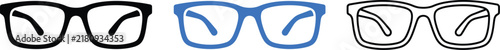Set of three eyeglasses icons in black, blue, and outline styles, representing vision, optical care, and fashion accessories for various design projects
