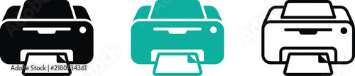 Set of printer icons in different styles, including solid black, green, and outline versions, representing office equipment and document printing technology