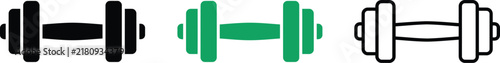 Set of three dumbbell icons in different styles, black solid, green solid, and black outline, representing fitness, weightlifting, and exercise equipment