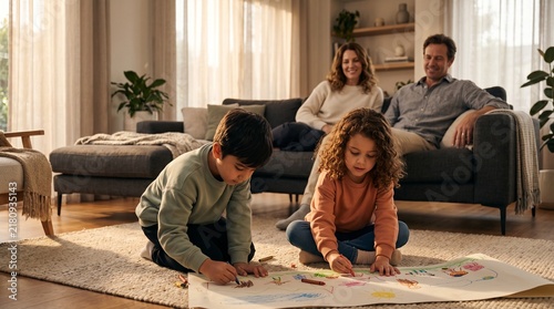 Children Drawing Together as Parents Relax in Cozy Family Home