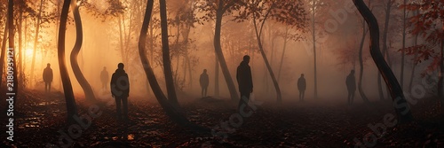 Mysterious silhouettes in a foggy autumn forest at sunrise