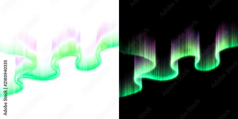Obraz premium Northern lights aurora borealis green and violet wave curtain, luminous transparent design element