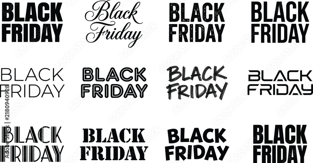 Obraz premium Collection of diverse black friday sale typography designs in various distressed and modern styles