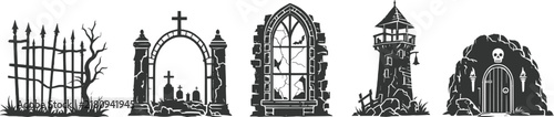 Set of five gothic horror silhouettes featuring a spiked iron fence, a cemetery gate, a cracked arched window, a stone tower, and a skull-adorned cave entrance