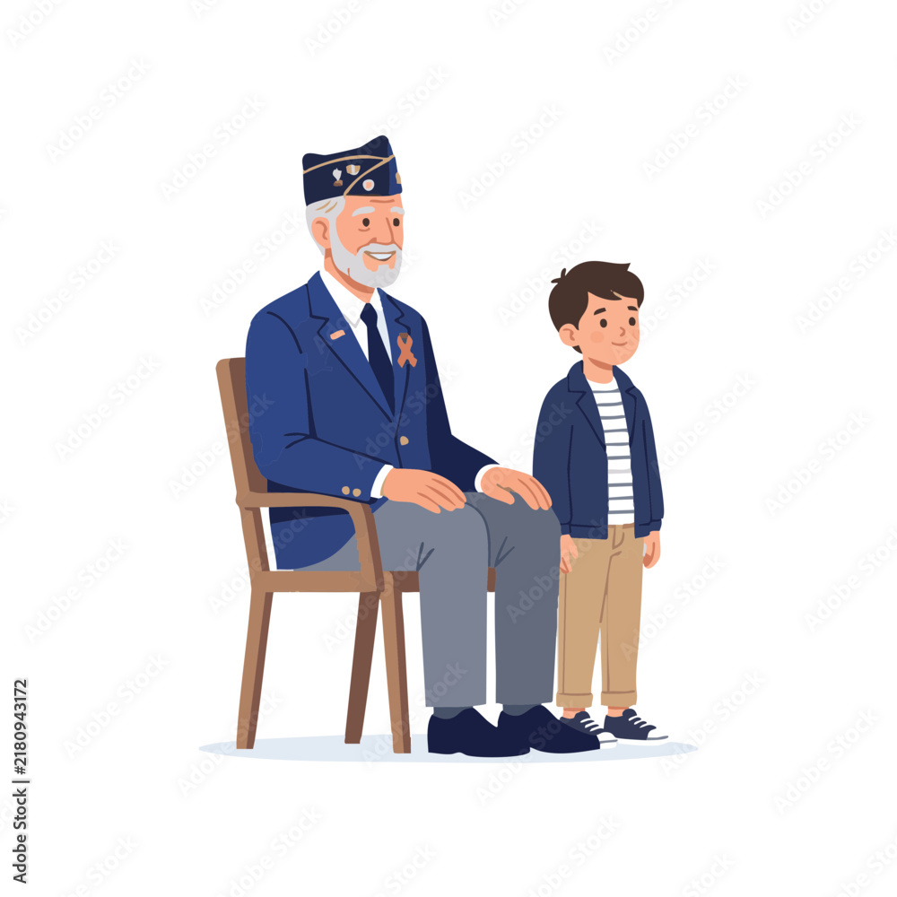 Obraz premium Veteran and child standing beside each other, veteran seated on chair