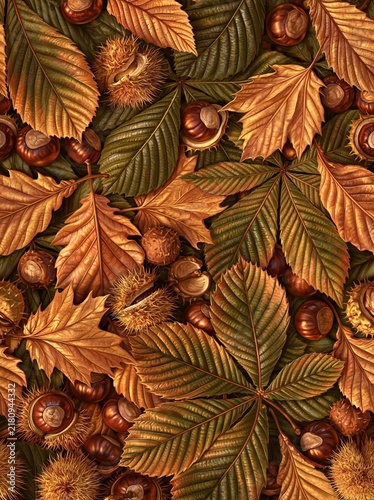 Seamless pattern of autumn leaves and chestnuts. the leaves are in various shades of orange, yellow, and brown, and they are arranged in a repeating pattern.