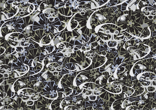Textural backdrop with floral elements and cat heads for prints or covers. Dark chaotic background for fabrics, business concepts, batiks, scrapbooking, interior solutions, tiles, wallpaper, posters