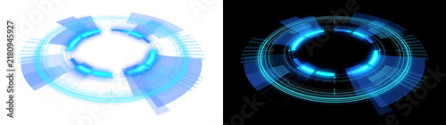 Holographic circular interface ring with radiant cyan light tracks, futuristic technology hud overlay isolated on transparent background