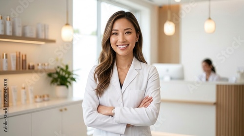 Woman doctor in white lab coat crosses arms confidently in her medical office.