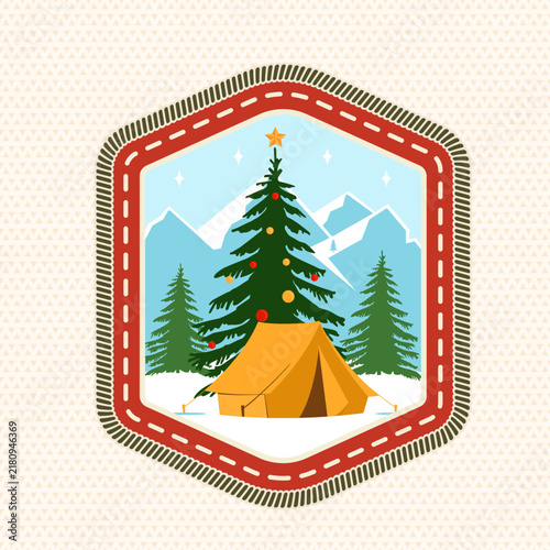 Christmas Camping Scout Badge with Tent, Christmas Tree and Snowy Mountains, Vintage Embroidered Outdoor Achievement Patch. Vector patch.