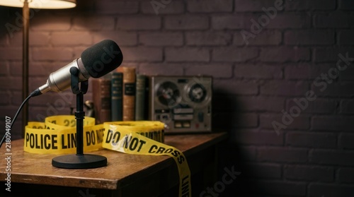 Investigative Podcast Setup With Caution Tape And Vintage Reel To Reel Recorder