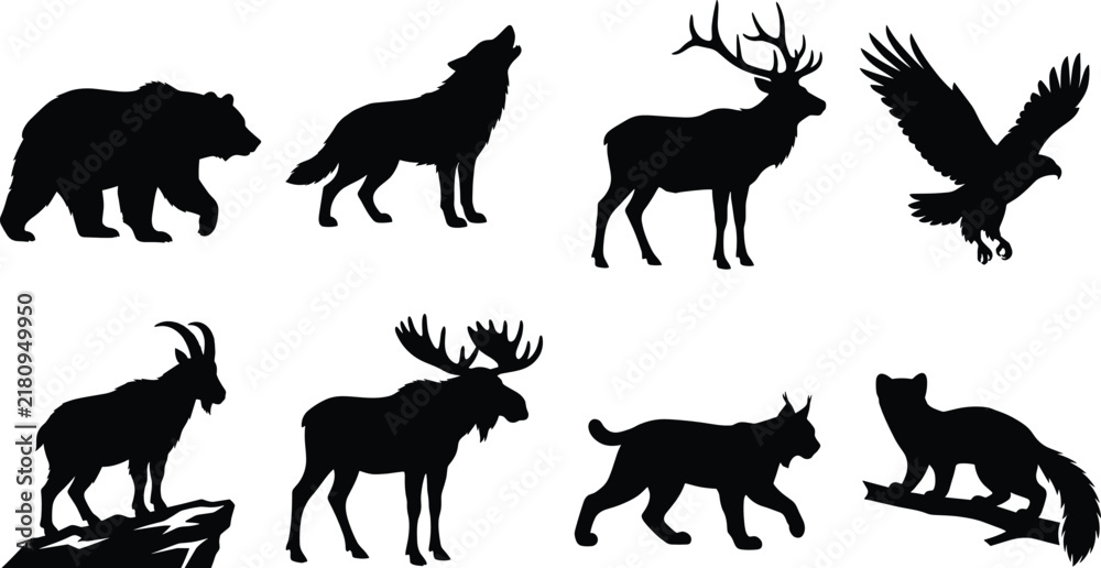 Obraz premium Set of wild animal silhouettes including bear wolf deer eagle goat moose lynx and marten isolated on white background for graphic design