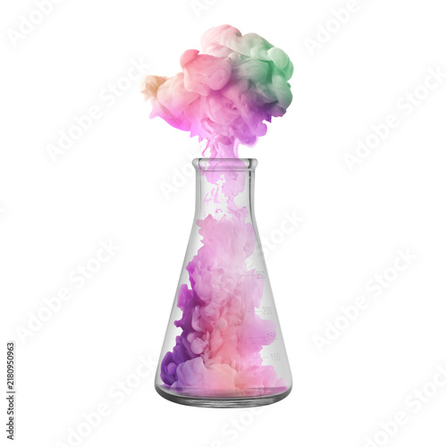 Conical flask with colorful smoke on transparent background. Fun chemistry