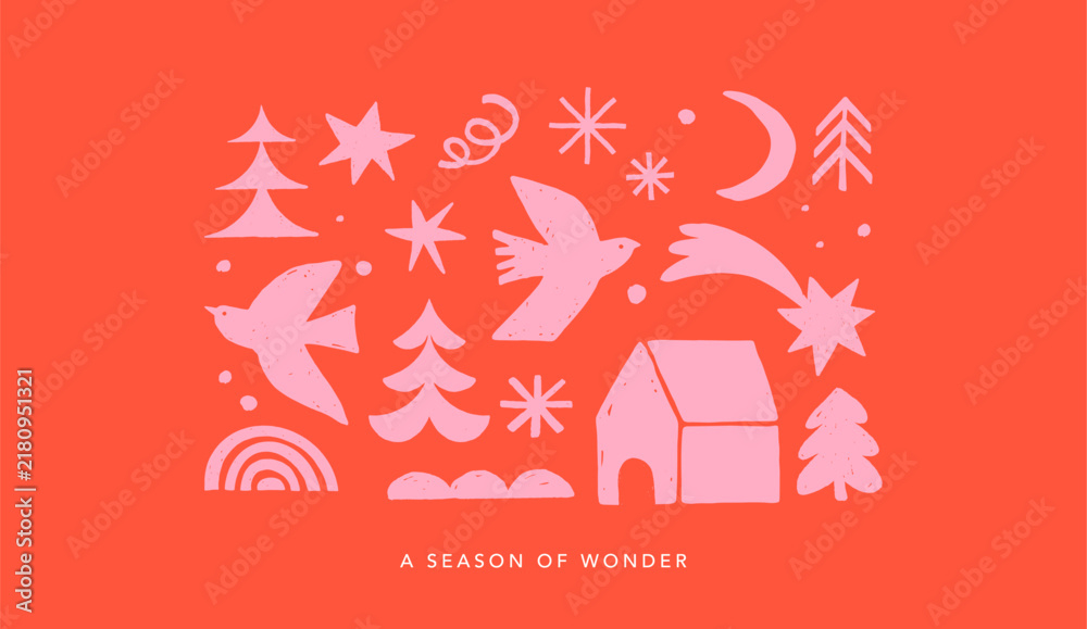 Obraz premium Vintage season of wonder red and pink Christmas background in Nordic folk style with hand drawn birds, trees, stars, snowflakes and winter house.