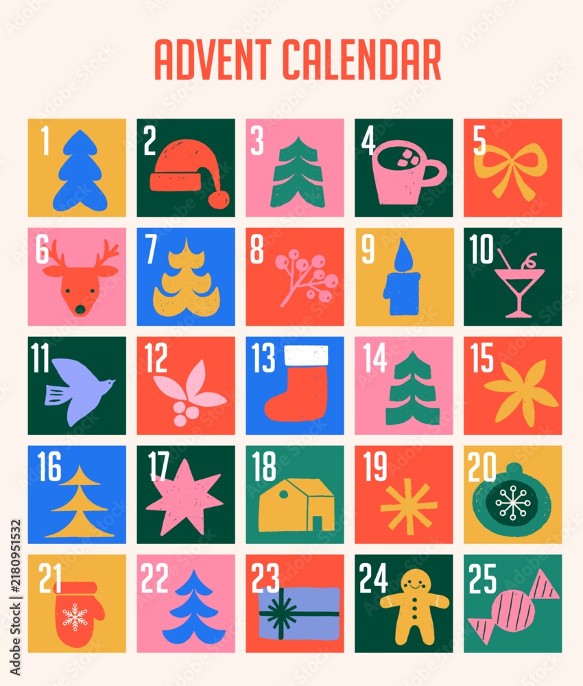 Obraz premium Colorful Christmas advent calendar with with festive holiday icons. Retro vector illustration.