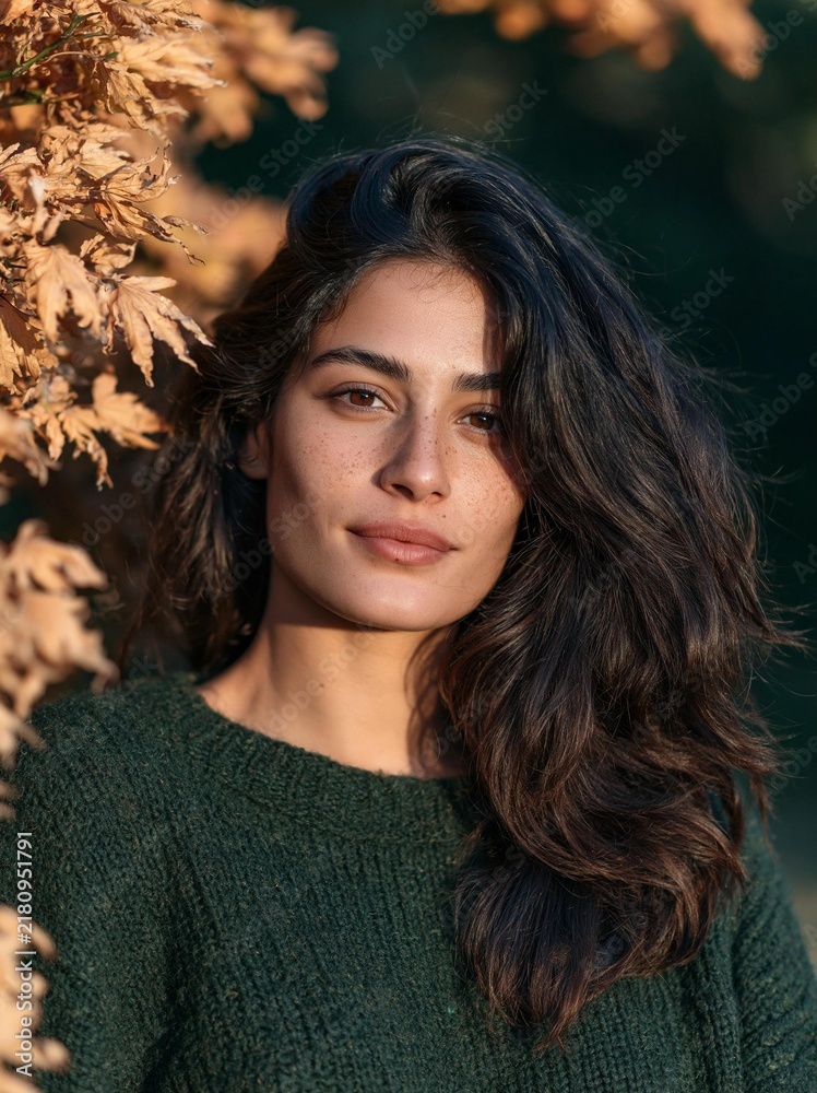 Fototapeta premium Portrait of a young woman with long, wavy hair. she is standing in front of a tree with autumn leaves in the background.