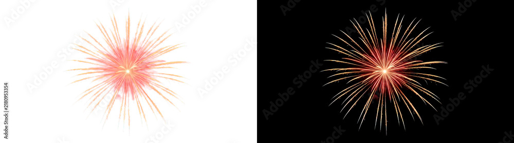 Fototapeta premium Aerial Firework Explosion Burst with Radiant Red and Golden Streamers Effect Overlay Isolated on Transparent Background