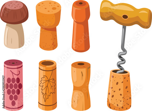 Wine cork and corkscrew flat vector illustration set, isolated elements for winery and restaurant design