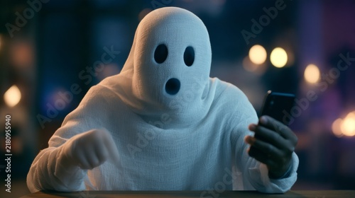 Astonished ghost looking at his cell phone