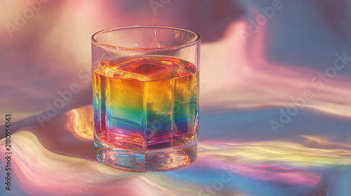 Transparent glass with a multi-colored beverage, no ice, luminous background, soft highlights on the glass, cinematic soft light, magical, ultra realistic, minimal yet elegant composition
