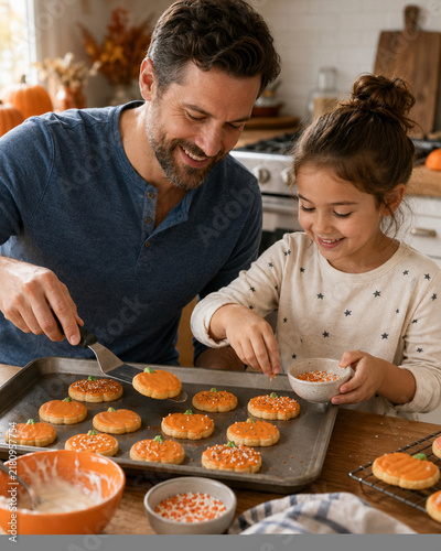 Single Father and Daughter Decorating Halloween Cookies