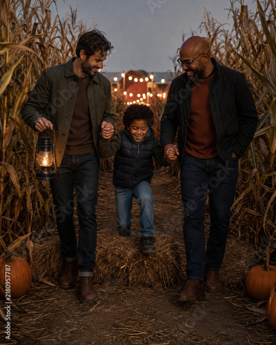 Two Fathers and Child Enjoying Halloween Corn Maze